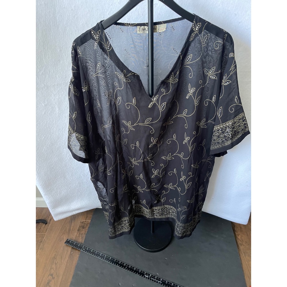 Erica‎ Brooke Collection Black Gold Floral Sheer V-Neck Blouse Super Plus 32
